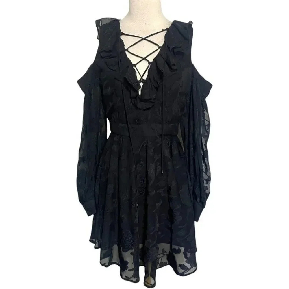 Dark Pink Mini Dress S Black Floral Burnout Lace Up Cold‎ Shoulder Ruffle Goth